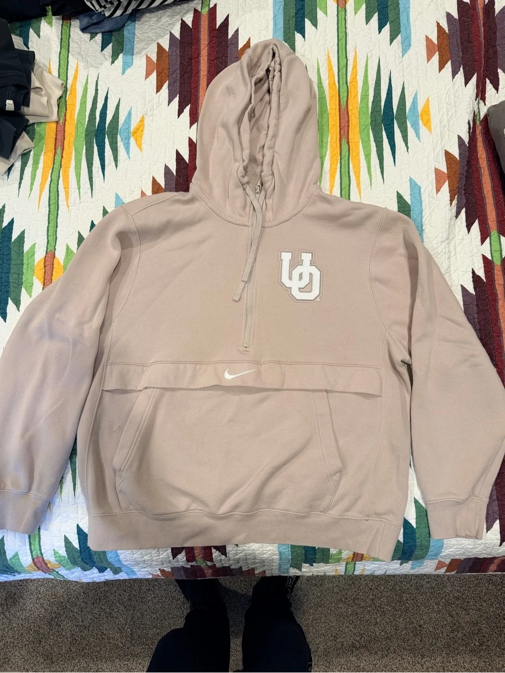 University of Oregon Nike Men’s Half-Zip Hoodie in Light Taupe with White Logos